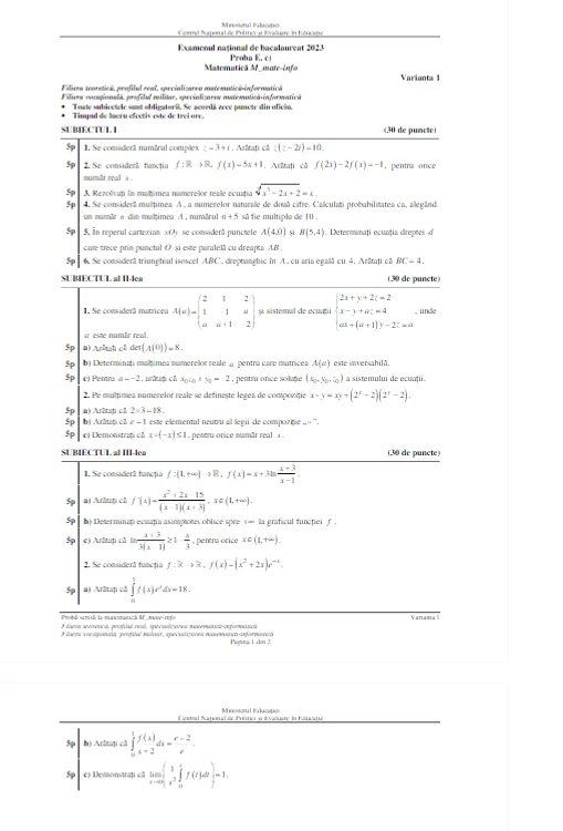 Subiectele de la profilul Mate-info, la bacalaureatul 2023 