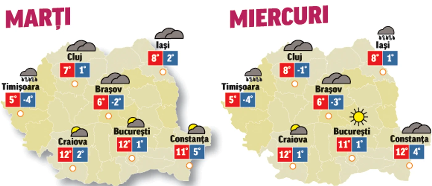Prognoza meteo pentru următoarele două zile anunță că precipitații se vor mai smnala doar în partea de nord a țării