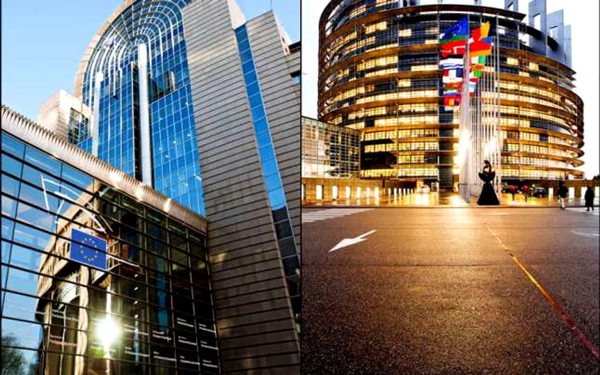 Sediile Parlamentului European de la Bruxelles(stânga) şi Strasbourg(dreapta) FOTO EP