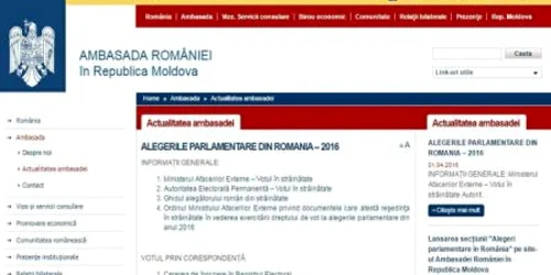 Sectiunea „Alegeri parlamentare in Romania“ de pe pagina Ambasadei Romaniei in Republica Molodva FOTO chisinau.mae.ro via Agerpres