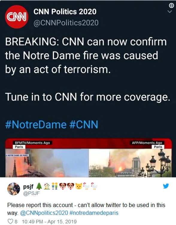 Catedrala Notre Dame, cuprinsă de flăcări luni seara, în jurul orei locale 18.50Foto: Twitter