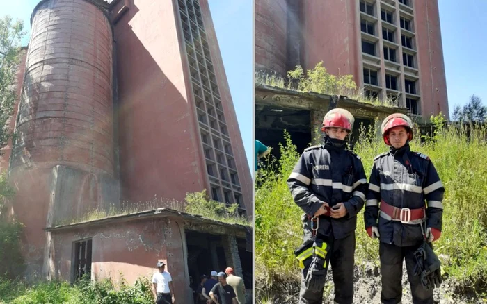 Silozul în care s-a prăbuşit bărbatul (stânga) şi pompierii salvatori (dreapta). FOTO: ISU Hunedoara.