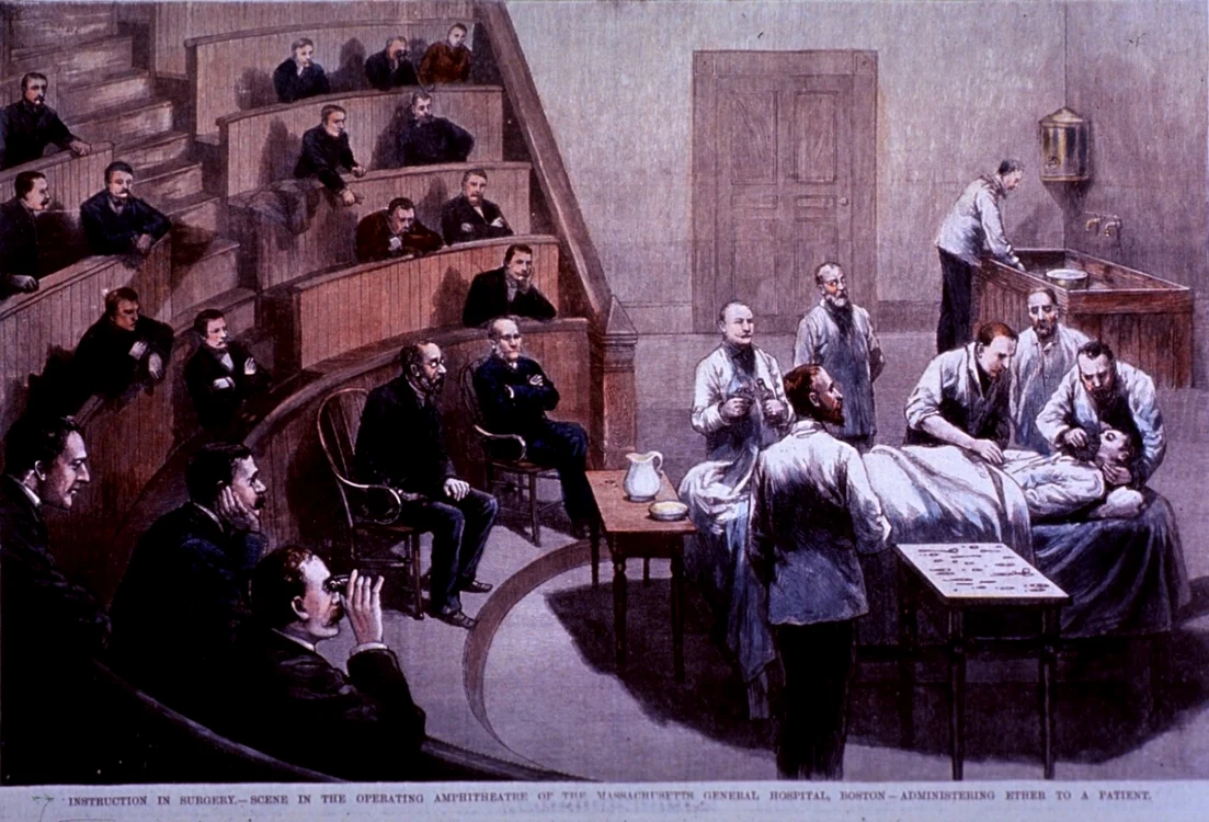 Desen din 1888, înfăţişând o anestezie la Universitatea din Boston. FOTO hartfordstage.org