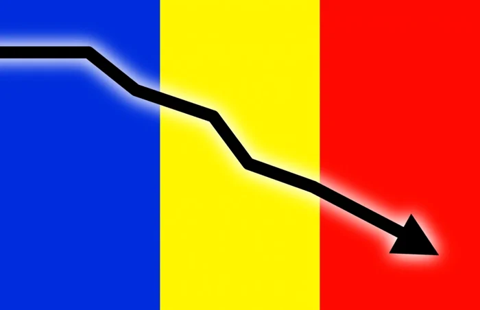 Steagul României peste care este desenată o săgeată neagrp care indică scădere