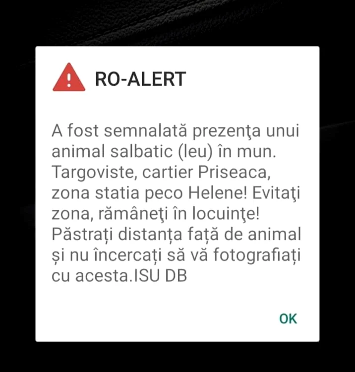 Alerta primită pe telefon FOTO C.S.