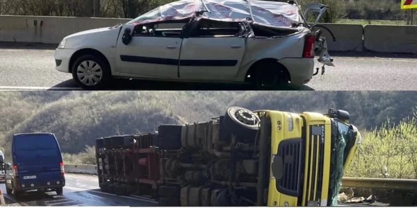 Un TIR a căzut peste un autoturism pe Valea Oltului la Boiţa - Sibiu Foto sibiulindependent ro