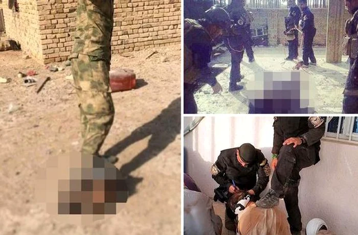 Soldat cu piciorul pe capul unui jihadist (stânga), prizonier legat la ochi şi interogat (dreapta)