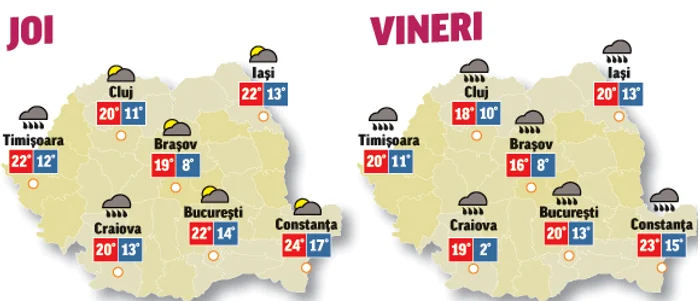 Prognoza meteo pentru următoarele două zile anunță că vremea va fi instabilă din punct de vedere termic și va ploua în mare parte din țară