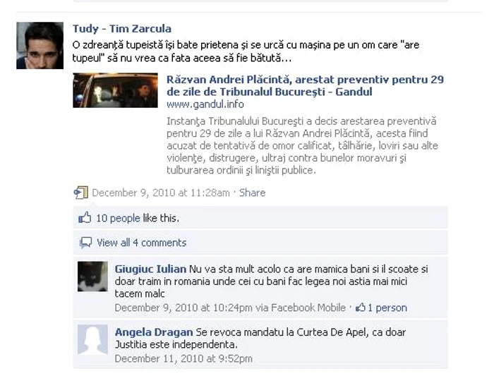 Pagina de facebook a lui Tudor Ionescu