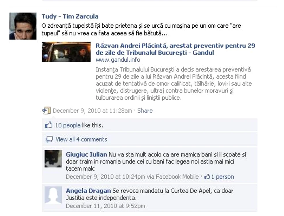 Pagina de facebook a lui Tudor Ionescu