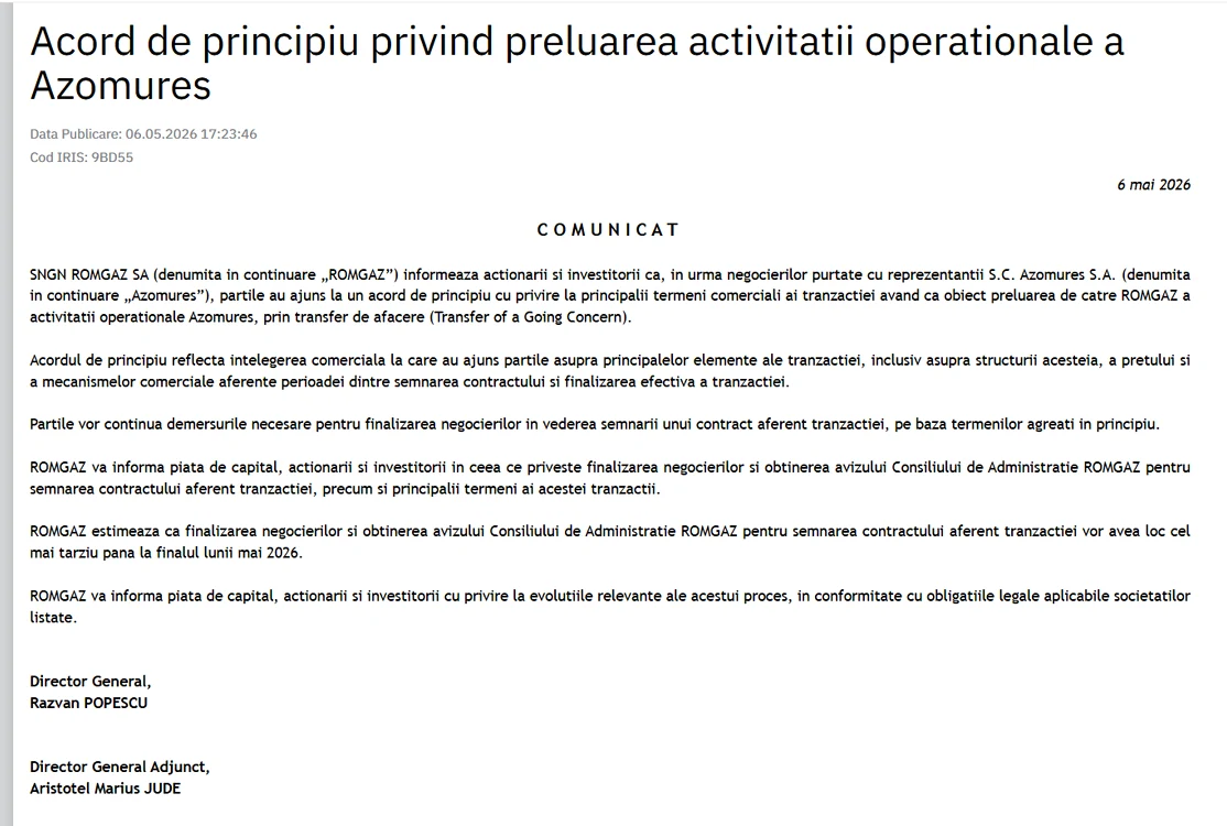 Informarea transmisă BVB de către Romgaz
