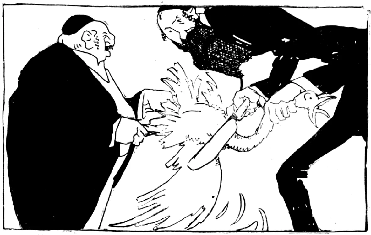 Ziua Păcălelilor. Pe 1 aprilie, comunitatea evreiască din Buhuşi i-au încredinţat Dl. Iorga biroul Hakham din acea localitate. (caricatură din publicaţia Furnica, anul 1910, de Ion Theodorescu-Sion)