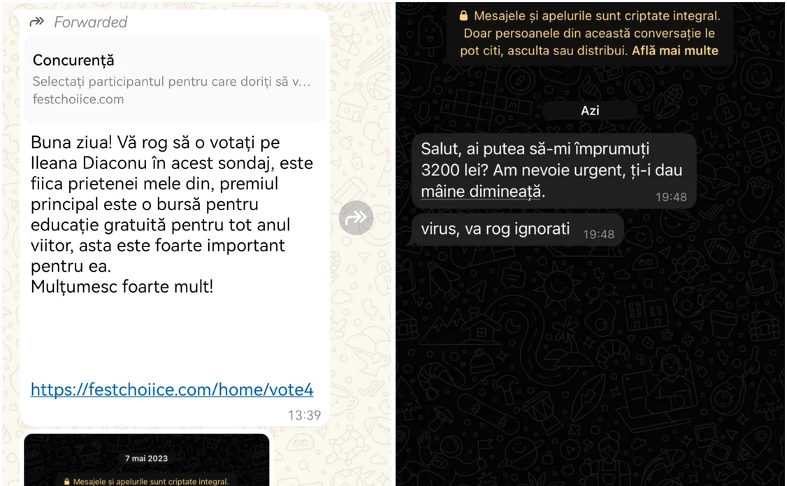 Mesaje înșelătoare pe Whatsupp. Sursa: capturi mobil. 