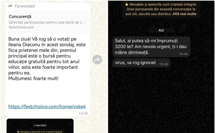 Mesaje înșelătoare pe Whatsupp. Sursa: capturi mobil. 