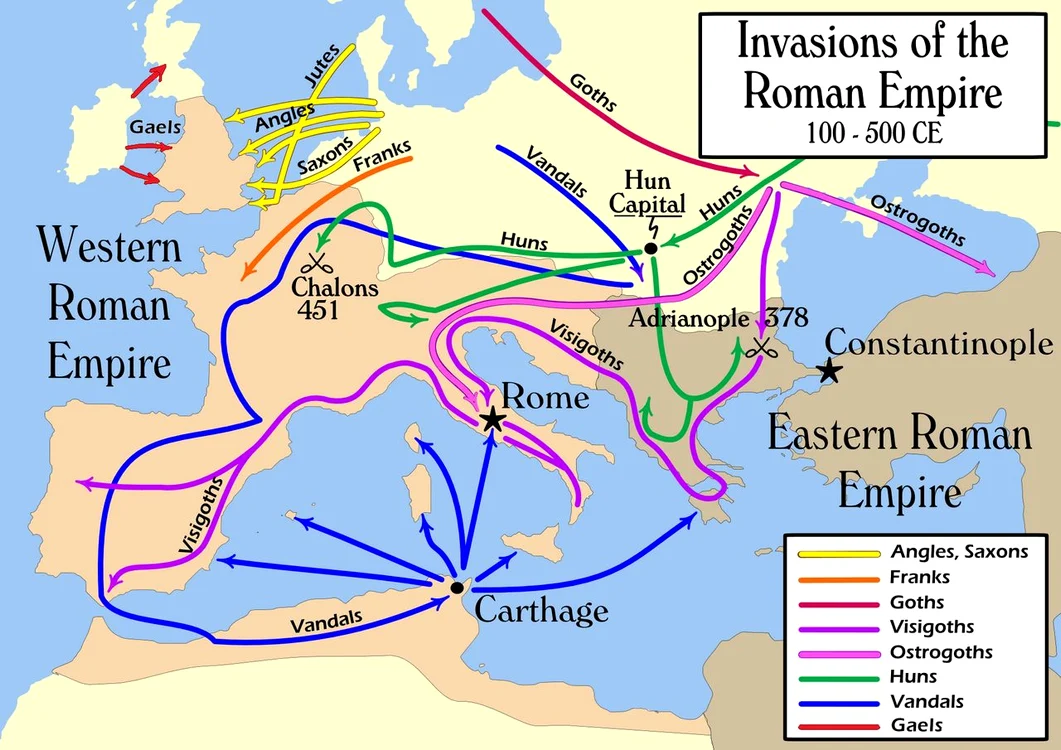 Invazii barbare în Imperiul Roman, între anii 100-500 d.Hr. (© Wikimedia Commons)