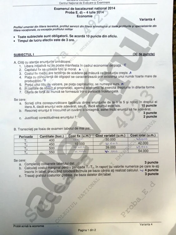 Subiectele la Economie - Bac 2014