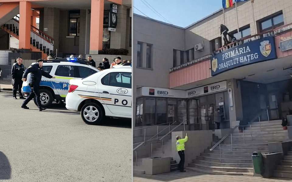 Un bărbat a atacat cu toporul Primăria Hațeg. Localnicul, imobilizat după ce a spart mai multe geamuri