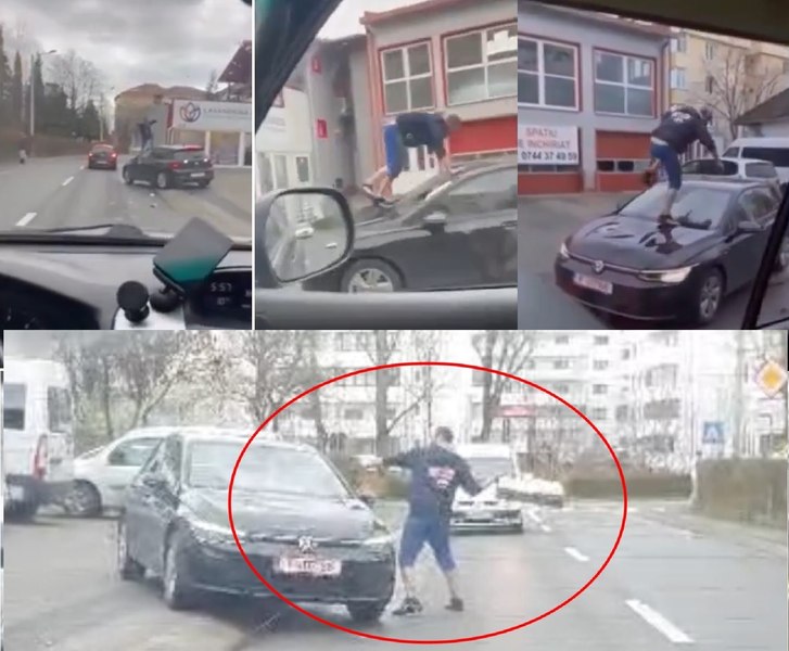 Imagini halucinante în trafic. Un bărbat s-a urcat pe capota unei mașini pentru a o distruge. Reacția Poliției VIDEO 