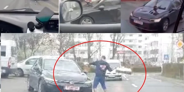 Scene halucinate în traficul din Sibiu - mașină distrusă de un trecător Sursă colaj Ora de Sibiu