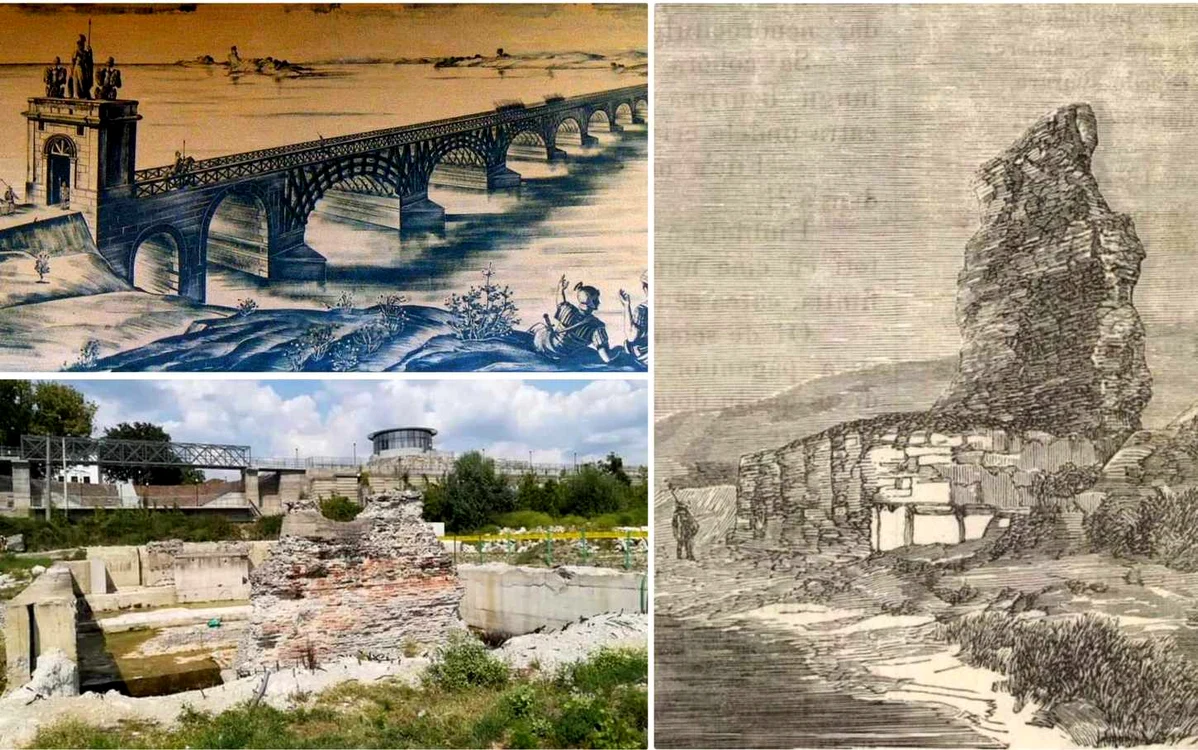Podul lui Traian, schițat în 1904 și rămășițele sale. Schiță din 1865 și imaginea din prezent.