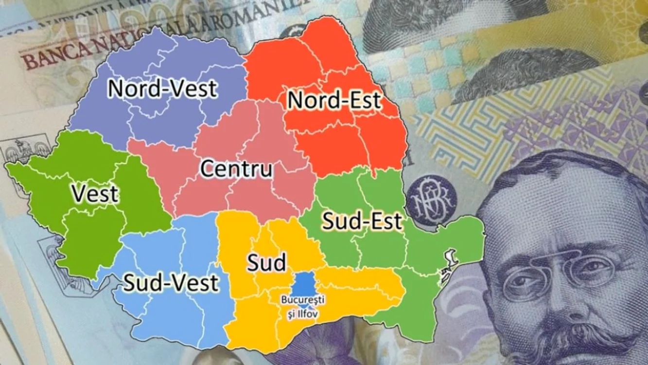 Harta cu regiunile României peste câteva bancnote