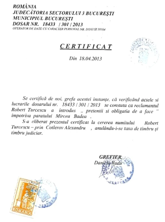 Acţiunea în instanţă Turcescu Badea