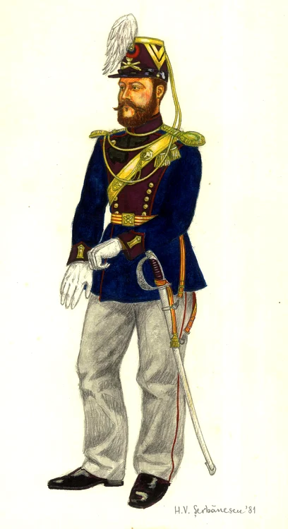 Căpitan de artilerie din Moldova, 1857, în uniformă de mare ținută. Reconstituire grafică de H. Șerbănescu (© Muzeul Militar Național „Regele Ferdinand I”)