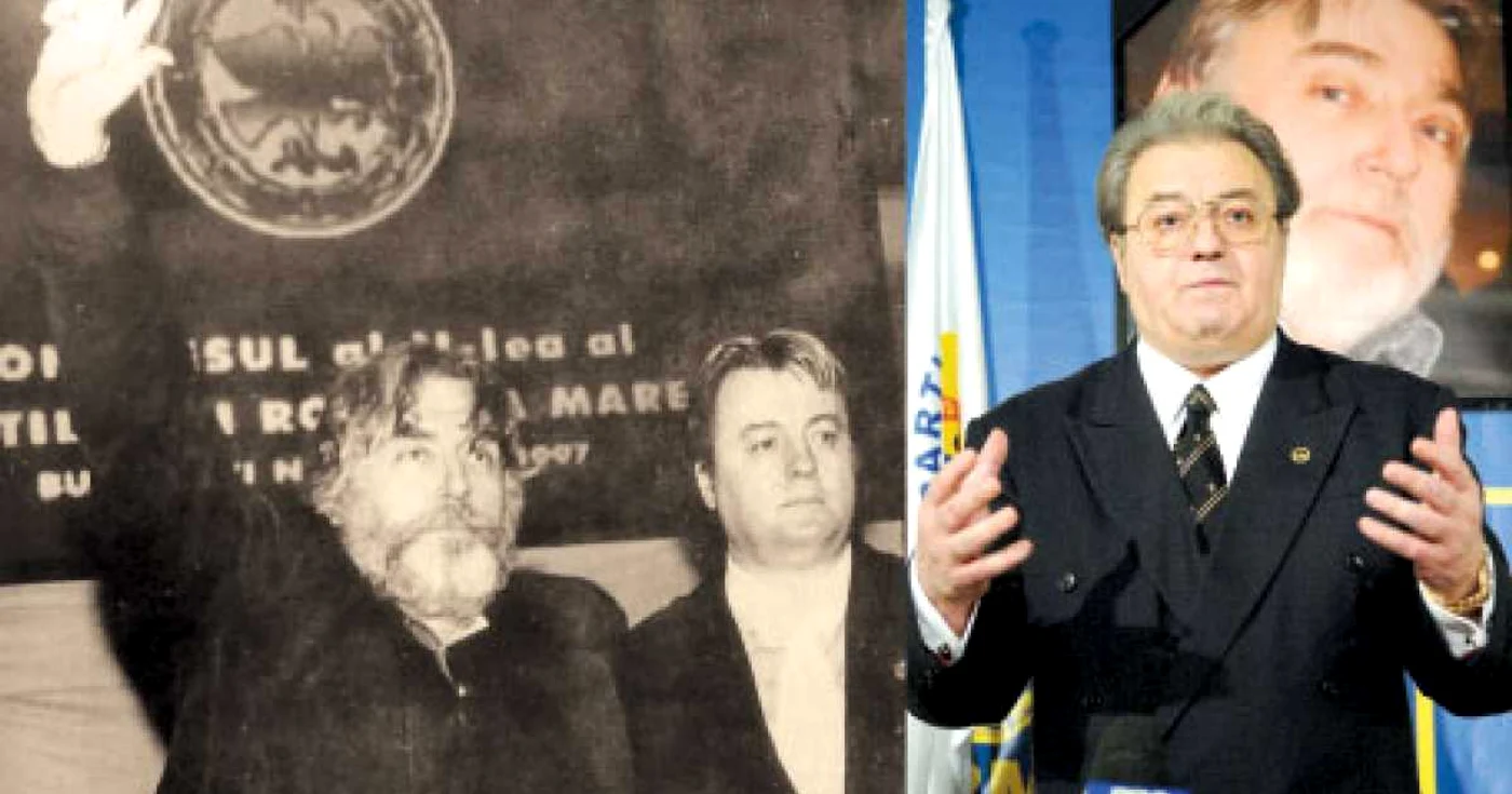 „Siamezii“ Păunescu și Vadim, în 1996, înainte de marea ceartă. În 2010, „Tribunul“ a arborat portretul poetului la sediul PRM
