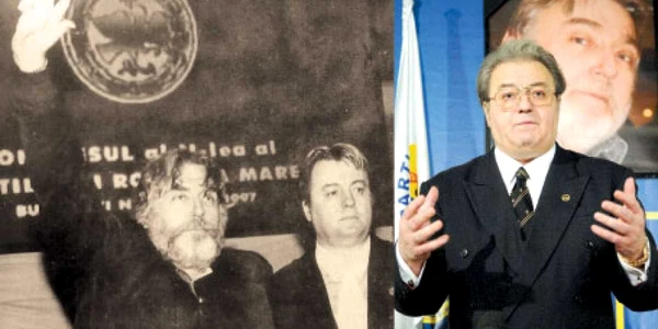 „Siamezii“ Păunescu și Vadim, în 1996, înainte de marea ceartă. În 2010, „Tribunul“ a arborat portretul poetului la sediul PRM