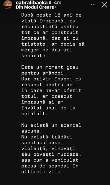 Mesajul publicat de Cabral / foto: Instagram