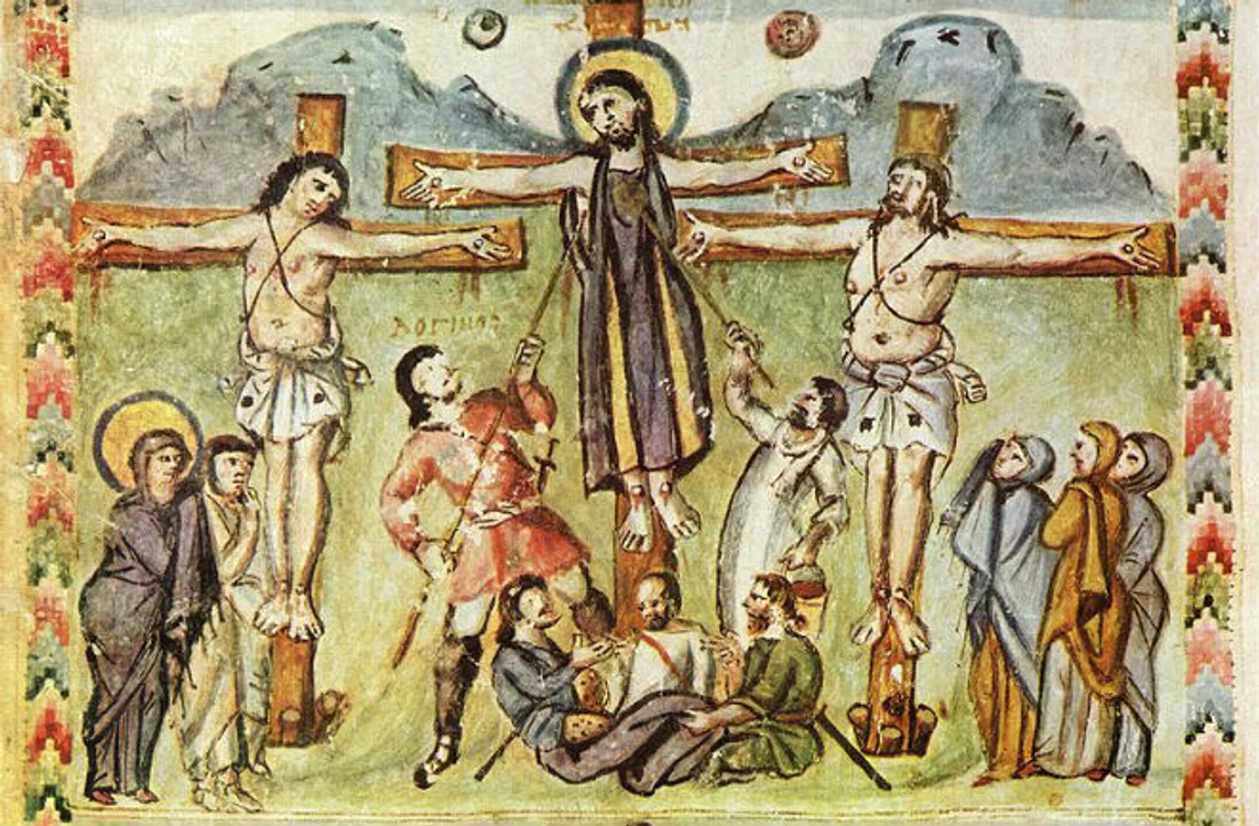 Începând cu secolul al V-lea apar și reprezentări ale lui Iisus pe cruce,  după cum arată această ilustrație veche. 