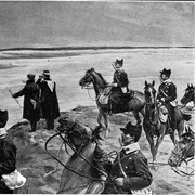 O patrulă de cavalerie observă casele incendiate de răsculați lângă Buzău. Desen de Samuel Begg, publicat de „The Illustrated London News”, la 6 aprilie 1907 (© Wikimedia Commons)