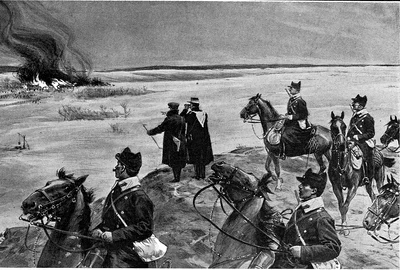 O patrulă de cavalerie observă casele incendiate de răsculați lângă Buzău. Desen de Samuel Begg, publicat de „The Illustrated London News”, la 6 aprilie 1907 (© Wikimedia Commons)