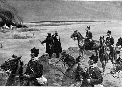 O patrulă de cavalerie observă casele incendiate de răsculați lângă Buzău. Desen de Samuel Begg, publicat de „The Illustrated London News”, la 6 aprilie 1907 (© Wikimedia Commons)