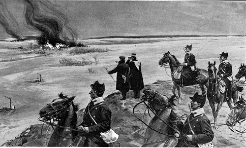 O patrulă de cavalerie observă casele incendiate de răsculați lângă Buzău. Desen de Samuel Begg, publicat de „The Illustrated London News”, la 6 aprilie 1907 (© Wikimedia Commons)