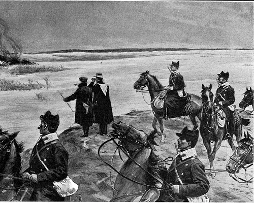 O patrulă de cavalerie observă casele incendiate de răsculați lângă Buzău. Desen de Samuel Begg, publicat de „The Illustrated London News”, la 6 aprilie 1907 (© Wikimedia Commons)
