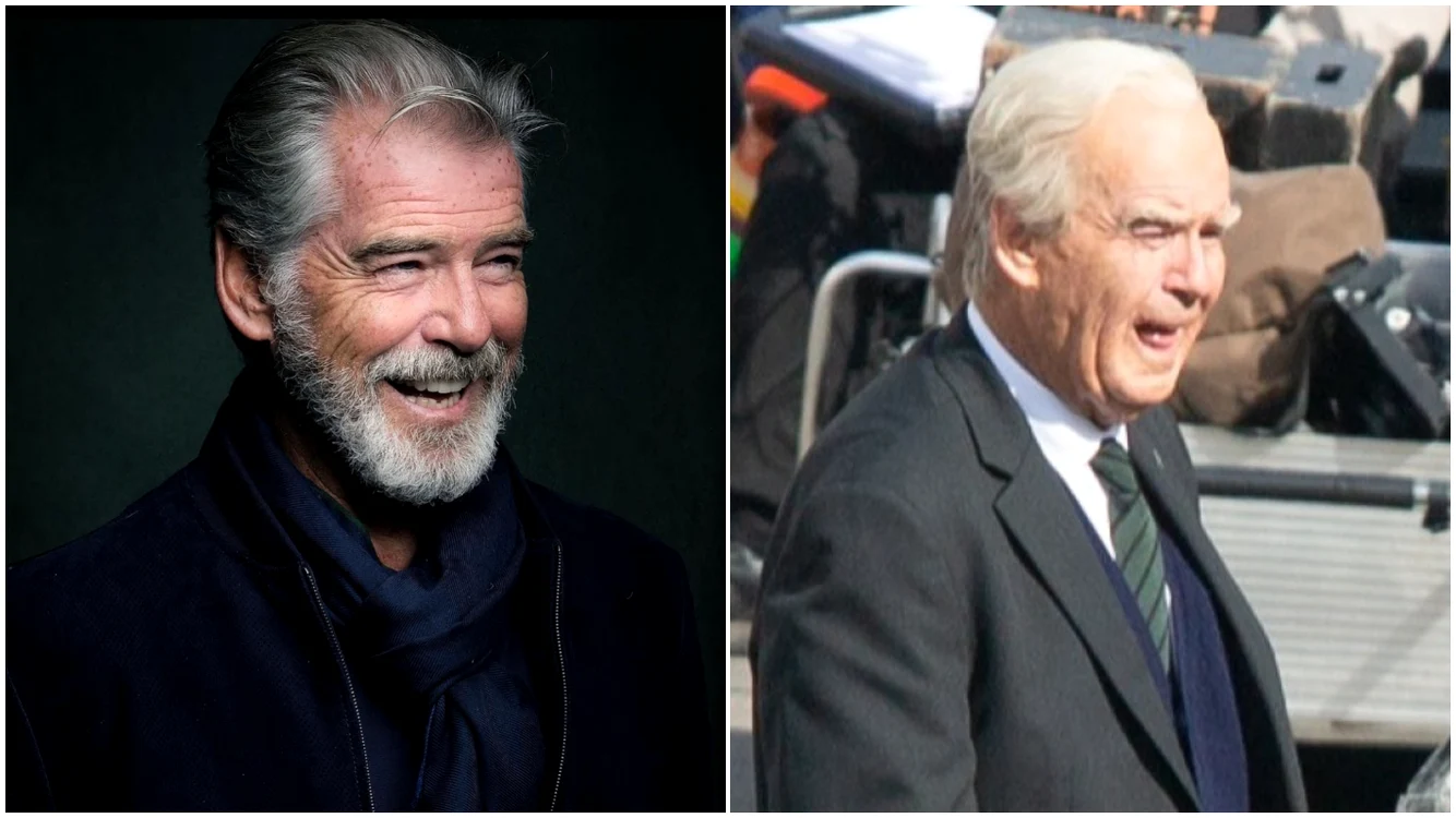 Pierce Brosnan, de nerecunoscut la filmări. Foto: colaj The Mirror via SplashNews/Facebook