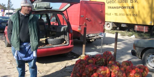 Un sucevean vinde nestingherit câţiva saci cu gogoşari pe trotuarul de lângă Piaţa Agroalimentară