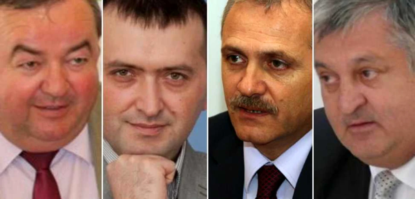 Trei dintre primarii traseişti ai ţării, alături de vicepremierul Liviu Dragnea, ”tătucul” Ordonanţei traseiştilor. De la stânga la dreapta: Ioan Florin Ciul din judeţul Arad, Laurenţiu Gâdei din judeţul Galaţi, Liviu Dragnea, Daniel Ştefan Drăgulin din judeţul Călăraşi    FOTO: colaj Adevărul