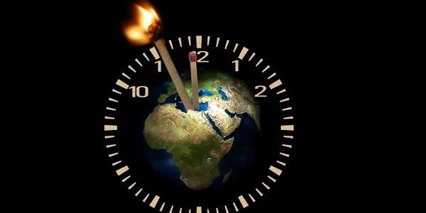 Globul pământesc în centrul unui ceas cu chibrituri drept pendule, unul dintre el fiind aprins   pixabay jpg