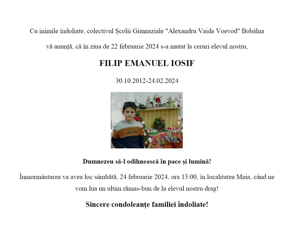 Anunțul morții copilului de 11 ani