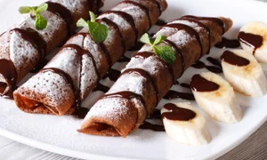 chocolate crepes with fruit and sauce close up  Horizontal jpeg