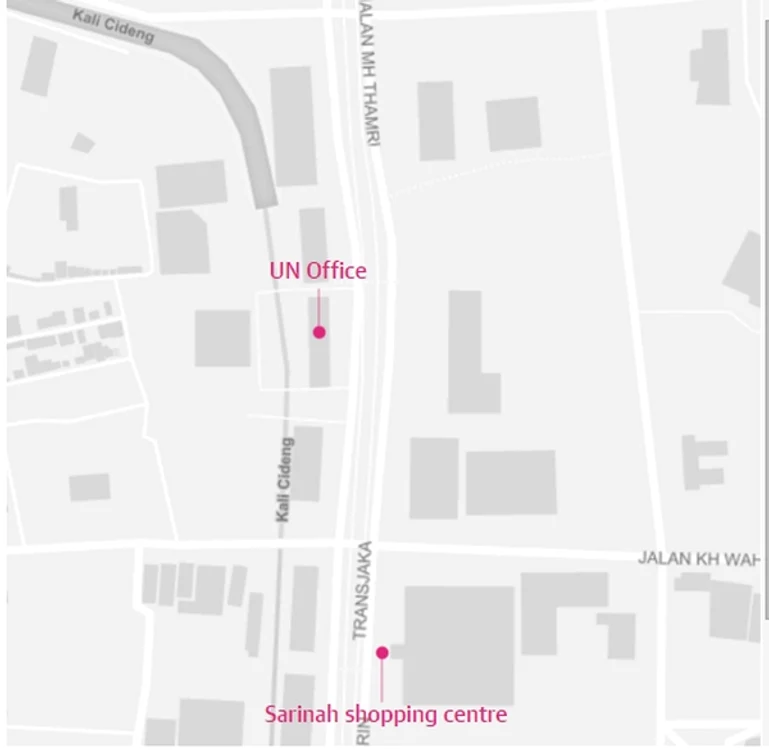 Clădirea ONU și Sarinah Mall: aici ar fi avut loc cel puți două dintre exploziile care s-au auzit joi dimineață