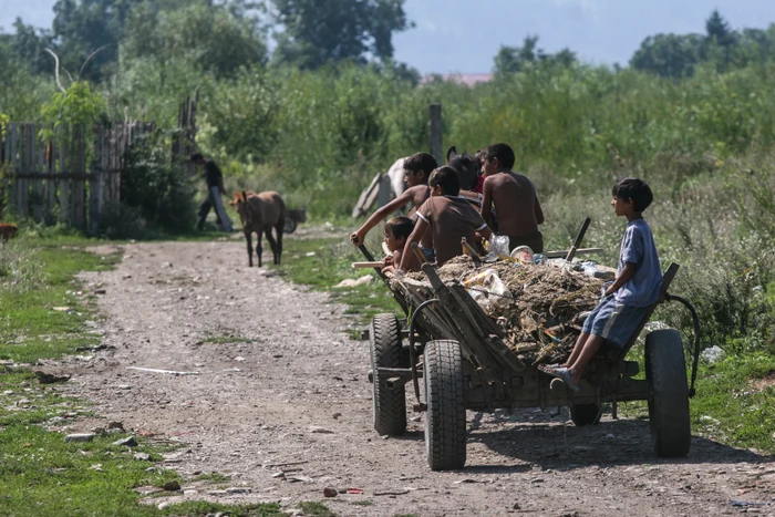 Copii în căruță la țară