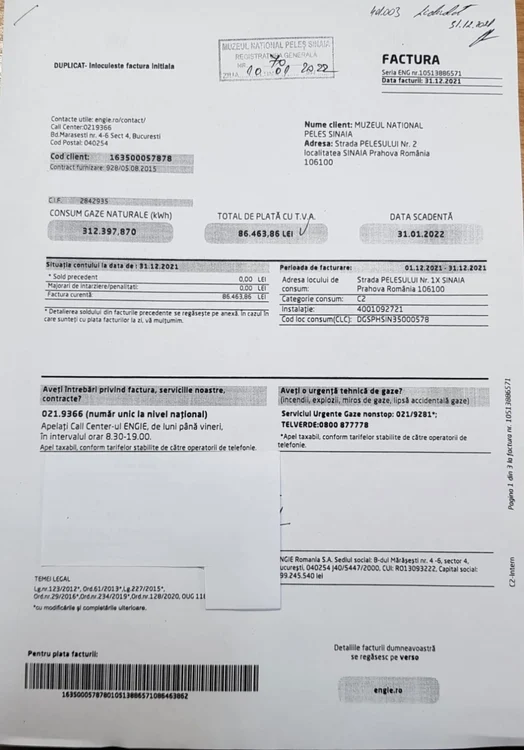 factura uriasa primita de muzeul peles