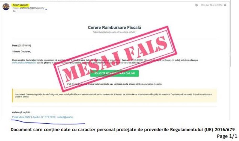 Escrocherie în numele ANAF. Nu deschideţi emailuri care vă înştiinţează că aveţi dreptul la rambursarea unor impozite
