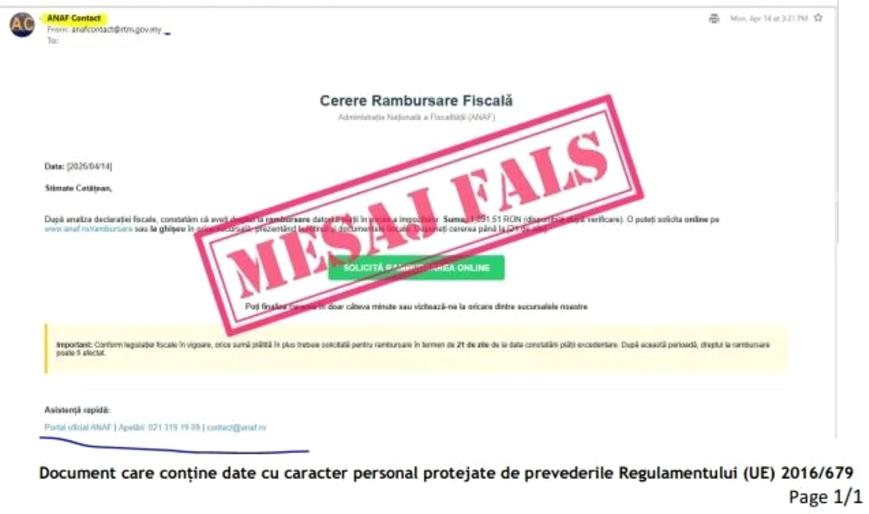 ANAF avertizează asupra unei noi escrocherii. Foto: ANAF