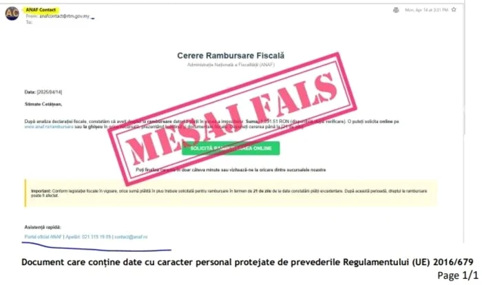 ANAF avertizează asupra unei noi escrocherii. Foto: ANAF