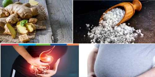 Sarea gemă și ghimbirul proaspăt remediu casnic împotriva tulburărilor digestive curăță gâtul și limba Colaj