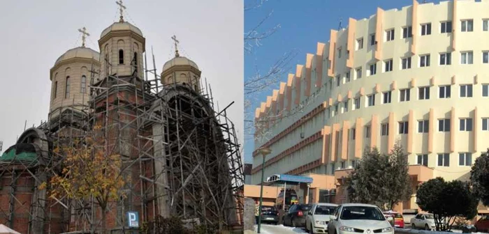 Biserica Sf. Mina din Piatra Neamţ, încă în construcţie şi Spitalul Judeţean, cel mai mare din Neamţ